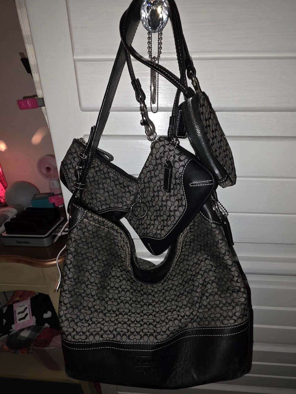Coach Signature Black & White Duffle Bag with Wristlet, Coin, and Misc. Case